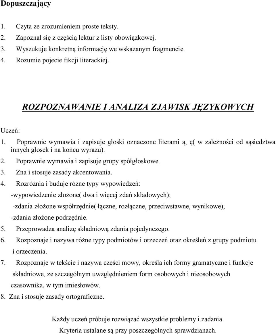 Poprawnie wymawia i zapisuje głoski oznaczone literami ą, ę( w zależności od sąsiedztwa innych głosek i na końcu wyrazu). 2. Poprawnie wymawia i zapisuje grupy spółgłoskowe. 3.