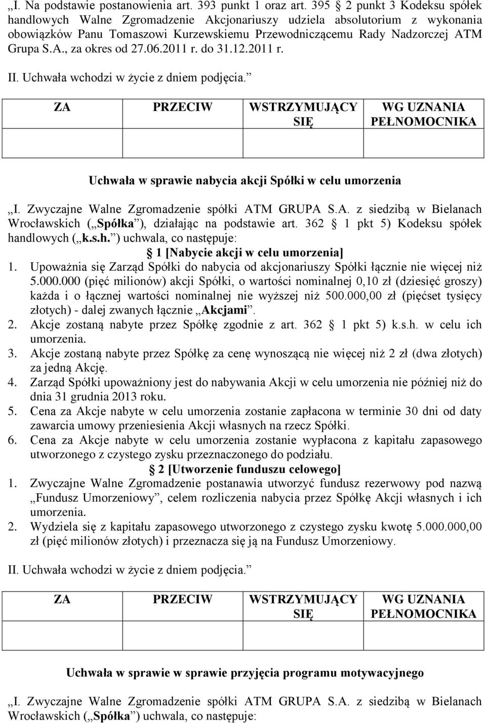 06.2011 r. do 31.12.2011 r. Uchwała w sprawie nabycia akcji Spółki w celu umorzenia I. Zwyczajne Walne Zgromadzenie spółki AT