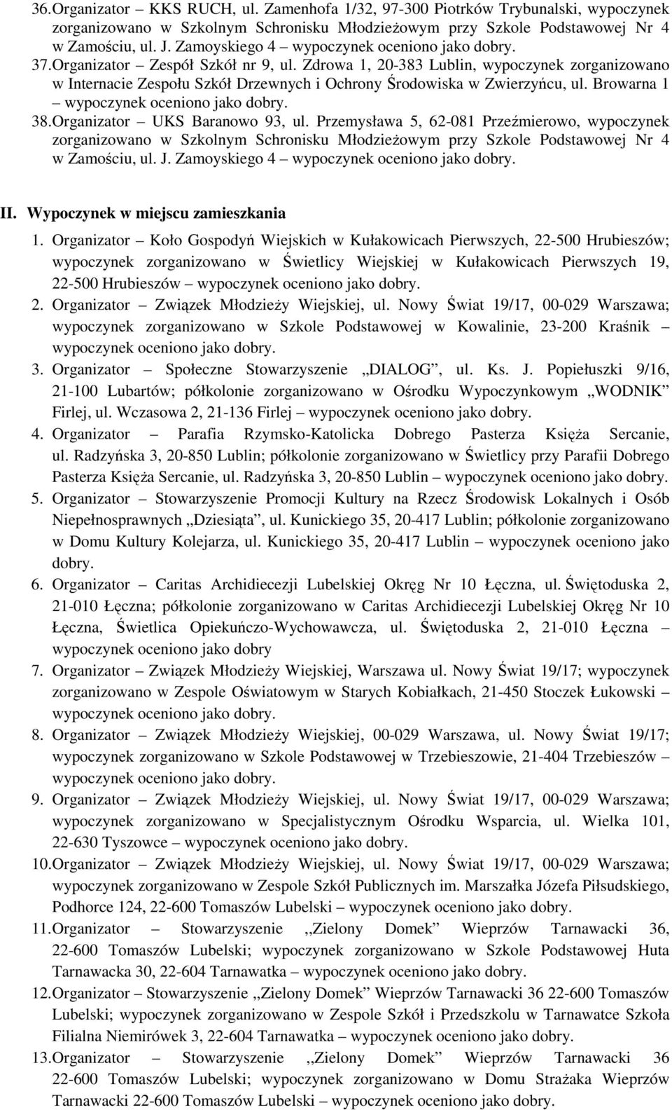 Organizator UKS Baranowo 93, ul. Przemysława 5, 62-081 Przeźmierowo, wypoczynek zorganizowano w Szkolnym Schronisku MłodzieŜowym przy Szkole Podstawowej Nr 4 w Zamościu, ul. J. Zamoyskiego 4 II.