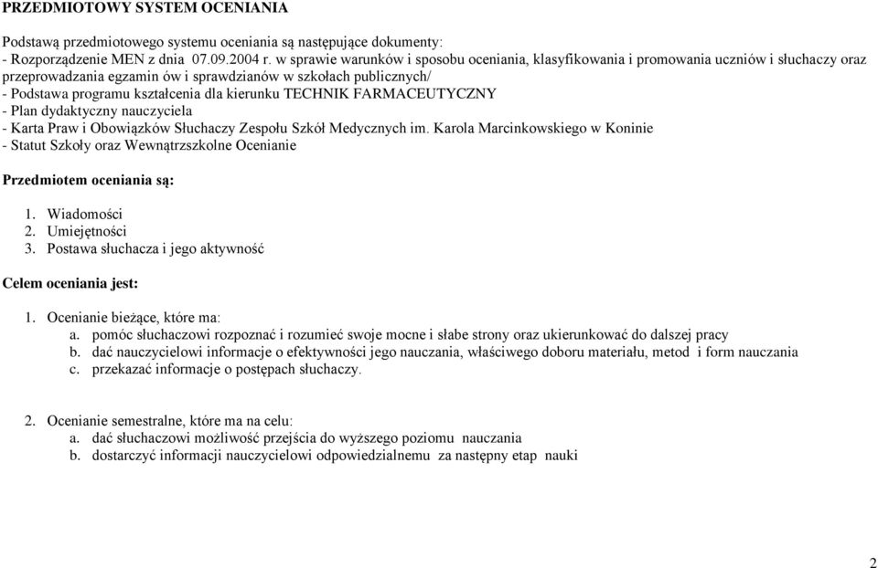 kierunku TECHNIK FARMACEUTYCZNY - lan dydaktyczny nauczyciela - Karta raw i Obowiązków Słuchaczy Zespołu Szkół Medycznych im.