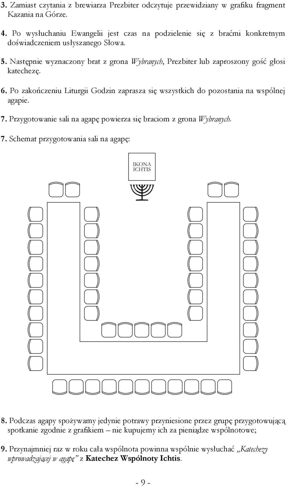 Następnie wyznaczony brat z grona Wybranych, Prezbiter lub zaproszony gość głosi katechezę. 6. Po zakończeniu Liturgii Godzin zaprasza się wszystkich do pozostania na wspólnej agapie. 7.
