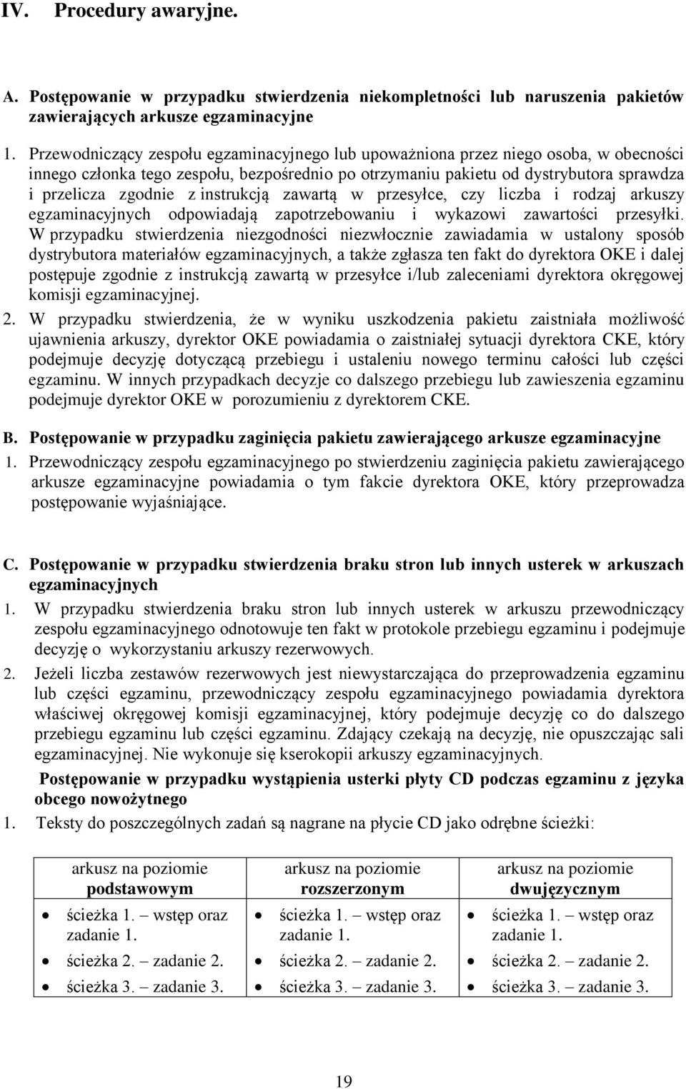 instrukcją zawartą w przesyłce, czy liczba i rodzaj arkuszy egzaminacyjnych odpowiadają zapotrzebowaniu i wykazowi zawartości przesyłki.