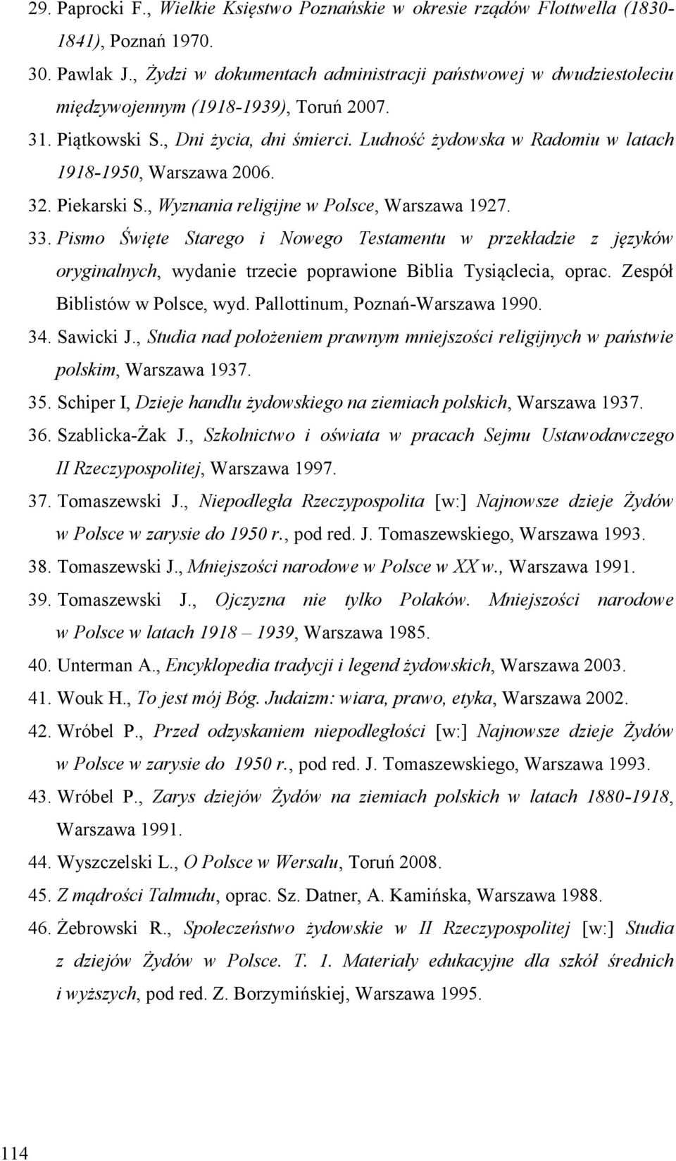 Ludność żydowska w Radomiu w latach 1918-1950, Warszawa 2006. 32. Piekarski S., Wyznania religijne w Polsce, Warszawa 1927. 33.