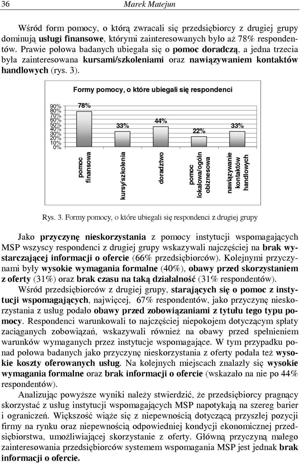 Formy pomocy, o które ubiegali się respondenci 90% 80% 70% 60% 50% 40% 30% 20% 10% 0% 78% 33% 44% 22% 33% pomoc finansowa kursy/szkolenia doradztwo pomoc lokalowa/ogóln obiznesowa zywanie kontaktów