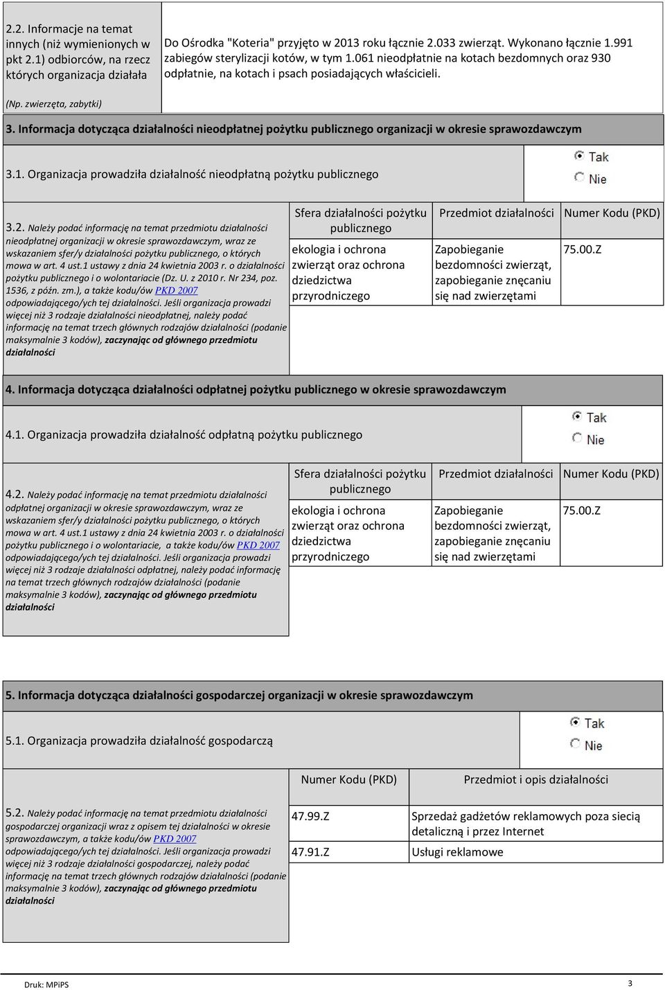 Informacja dotycząca działalności nieodpłatnej pożytku publicznego organizacji w okresie sprawozdawczym 3.1. Organizacja prowadziła działalność nieodpłatną pożytku publicznego 3.2.