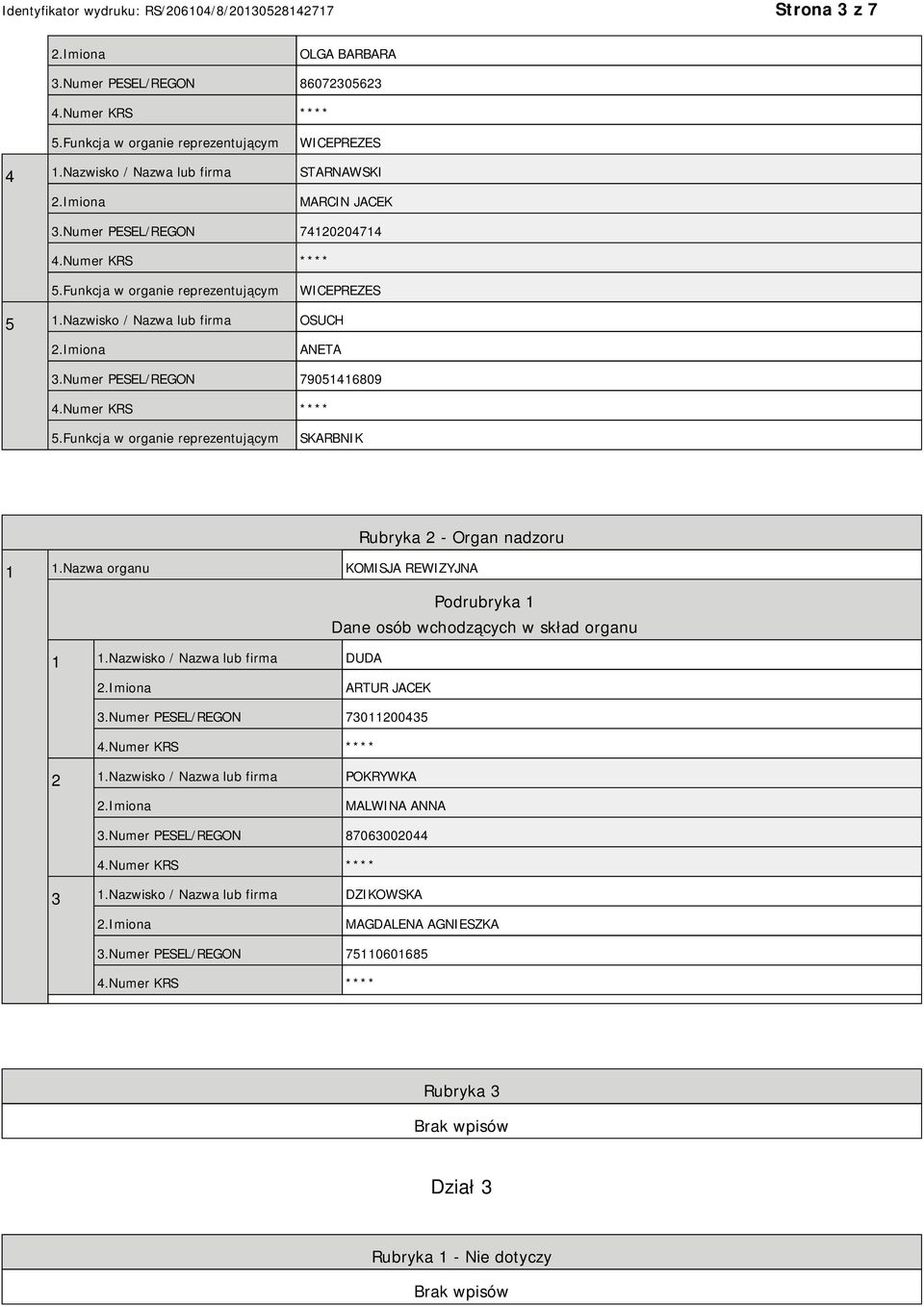 Nazwa organu KOMISJA REWIZYJNA Podrubryka 1 Dane osób wchodzących w skład organu 1 1.Nazwisko / Nazwa lub firma DUDA ARTUR JACEK 3.Numer PESEL/REGON 73011200435 2 1.