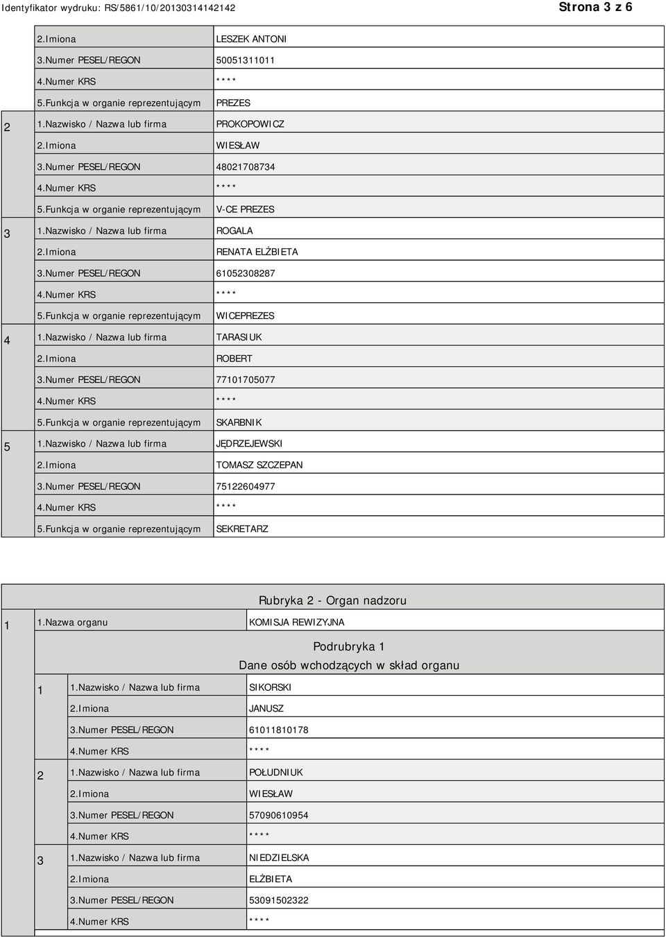 Nazwisko / Nazwa lub firma JĘDRZEJEWSKI TOMASZ SZCZEPAN 3.Numer PESEL/REGON 75122604977 SEKRETARZ Rubryka 2 - Organ nadzoru 1 1.
