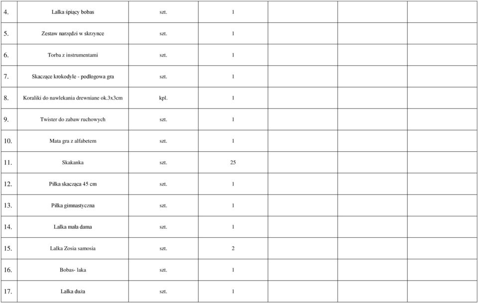 Twister do zabaw ruchowych 10. Mata gra z alfabetem 11. Skakanka szt. 25 12.