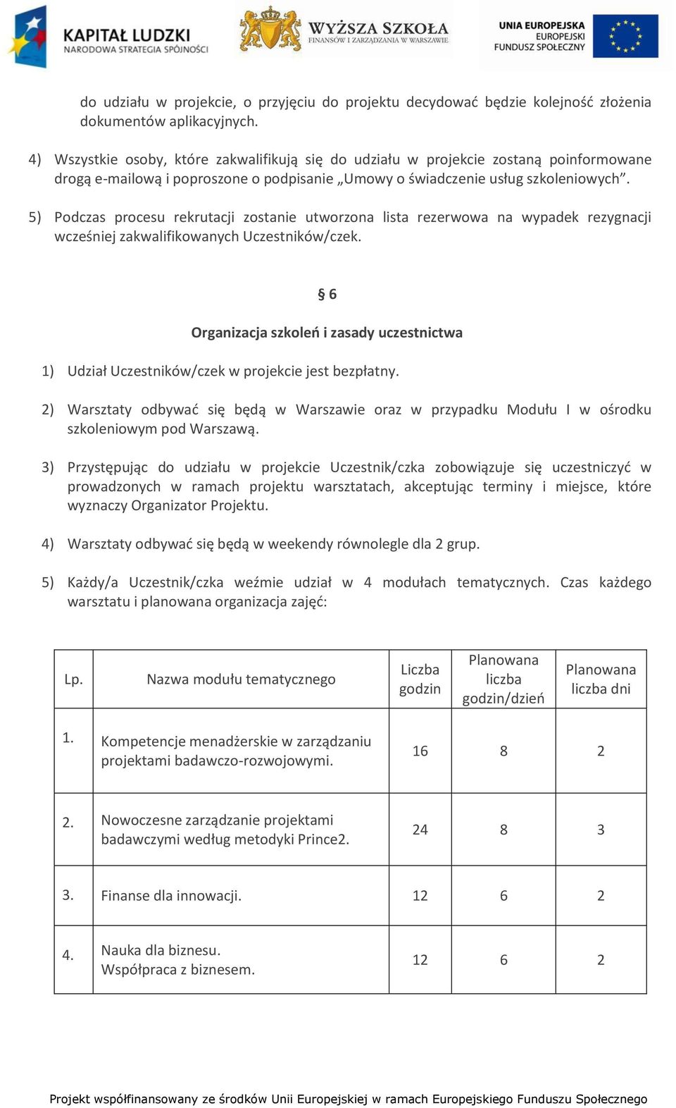 5) Podczas procesu rekrutacji zostanie utworzona lista rezerwowa na wypadek rezygnacji wcześniej zakwalifikowanych Uczestników/czek.