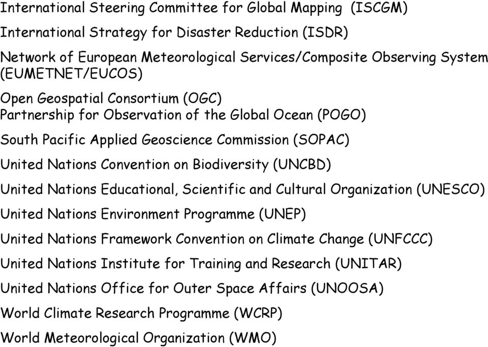 Biodiversity (UNCBD) United Nations Educational, Scientific and Cultural Organization (UNESCO) United Nations Environment Programme (UNEP) United Nations Framework Convention on Climate