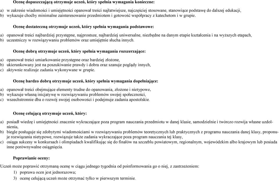 Ocenę dostateczną otrzymuje uczeń, który spełnia wymagania podstawowe: a) opanował treści najbardziej przystępne, najprostsze, najbardziej uniwersalne, niezbędne na danym etapie kształcenia i na