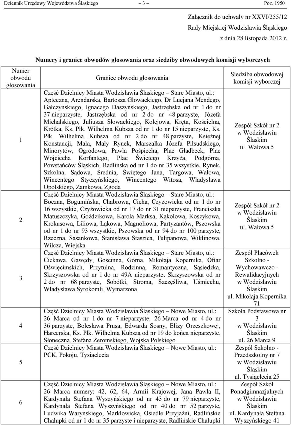 Mendego, Gałczyńskiego, Ignacego Daszyńskiego, Jastrzębska od nr 1 do nr 37 nieparzyste, Jastrzębska od nr 2 do nr 48 parzyste, Józefa Michalskiego, Juliusza Słowackiego, Kolejowa, Kręta, Kościelna,