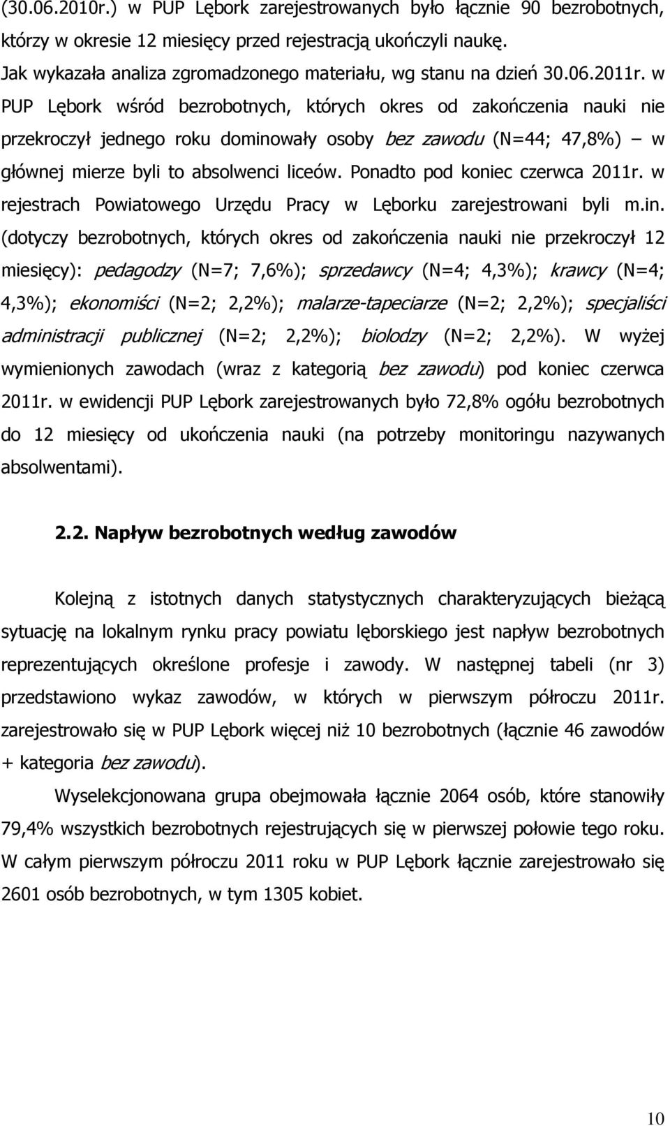 w PUP Lębork wśród bezrobotnych, których okres od zakończenia nauki nie przekroczył jednego roku dominowały osoby bez zawodu (N=44; 47,8%) w głównej mierze byli to absolwenci liceów.