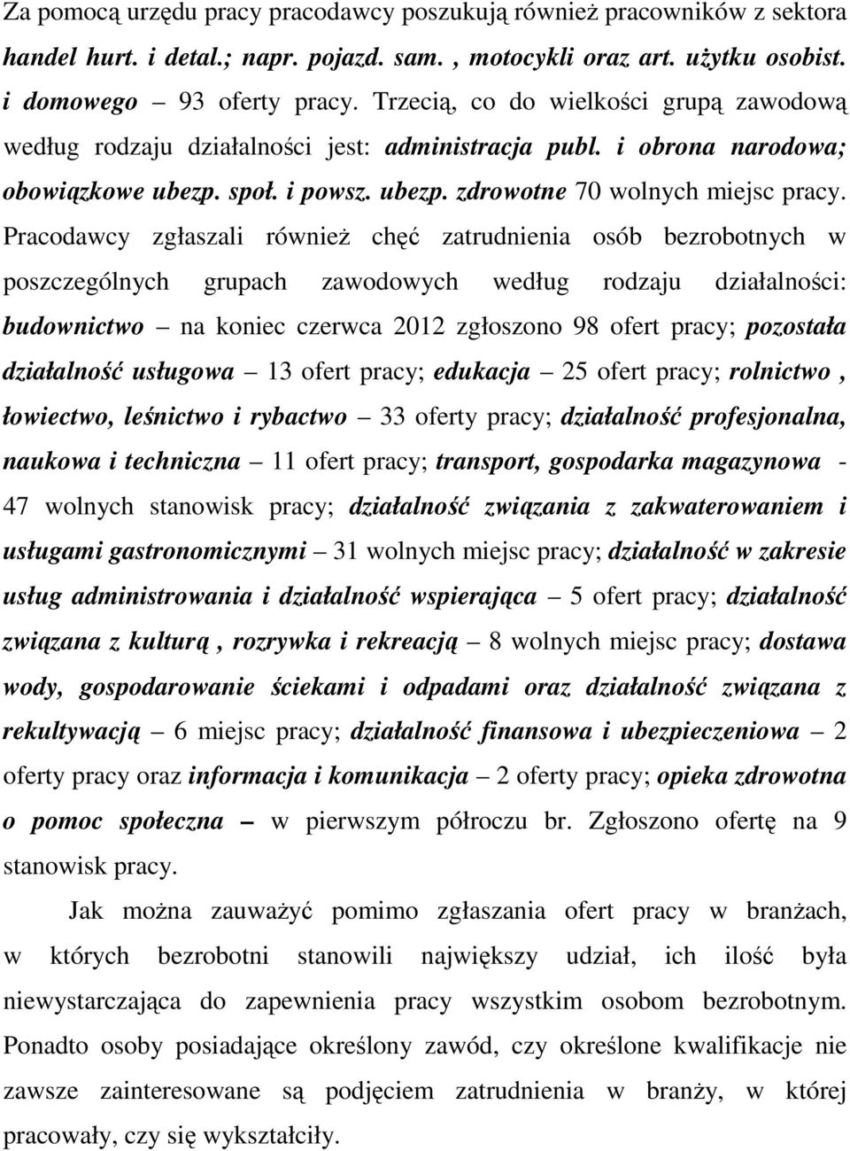 Pracodawcy zgłaszali również chęć zatrudnienia osób bezrobotnych w poszczególnych grupach zawodowych według rodzaju działalności: budownictwo na koniec czerwca 2012 zgłoszono 98 ofert pracy;