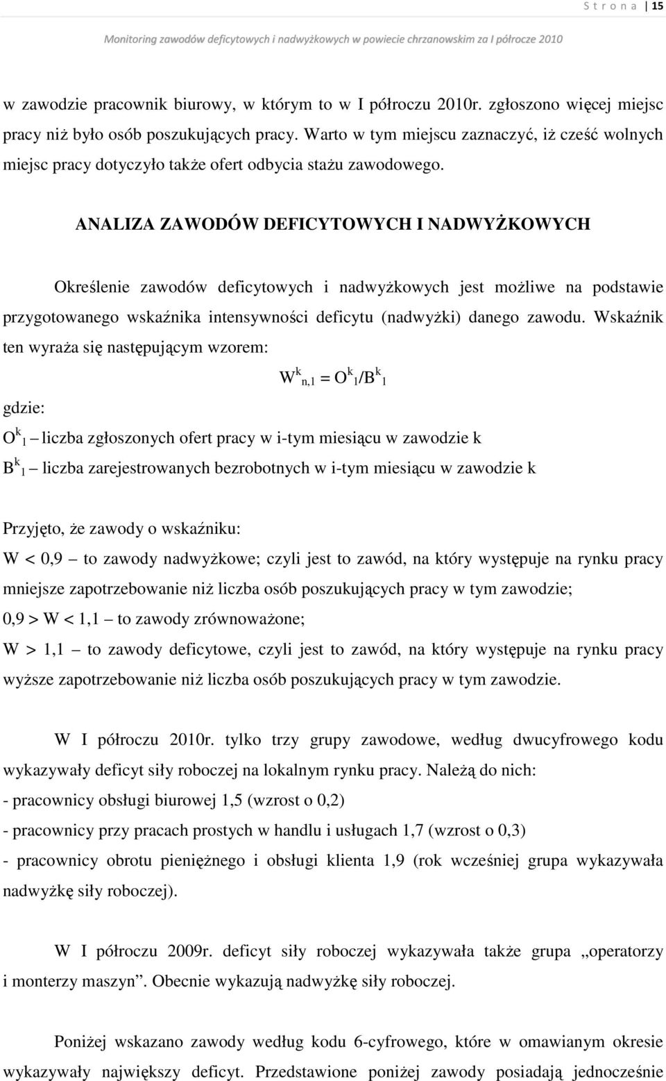 ANALIZA ZAWODÓW DEFICYTOWYCH I NADWYŻKOWYCH Określenie zawodów deficytowych i nadwyżkowych jest możliwe na podstawie przygotowanego wskaźnika intensywności deficytu (nadwyżki) danego zawodu.