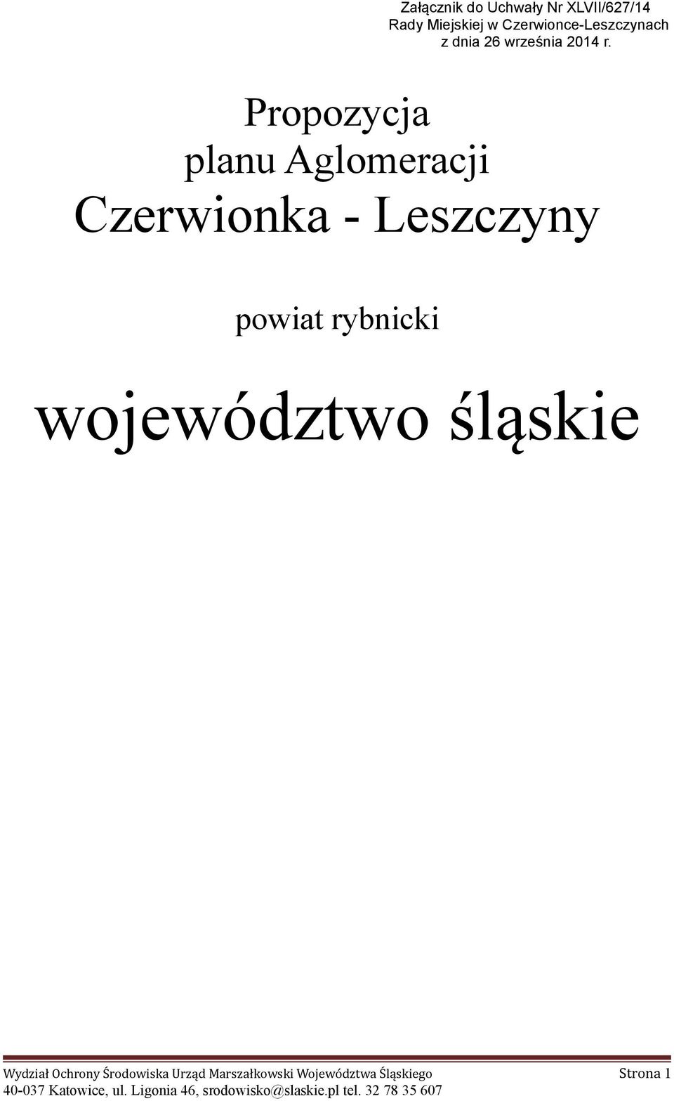 Propozycja planu Aglomeracji Czerwionka - Leszczyny powiat