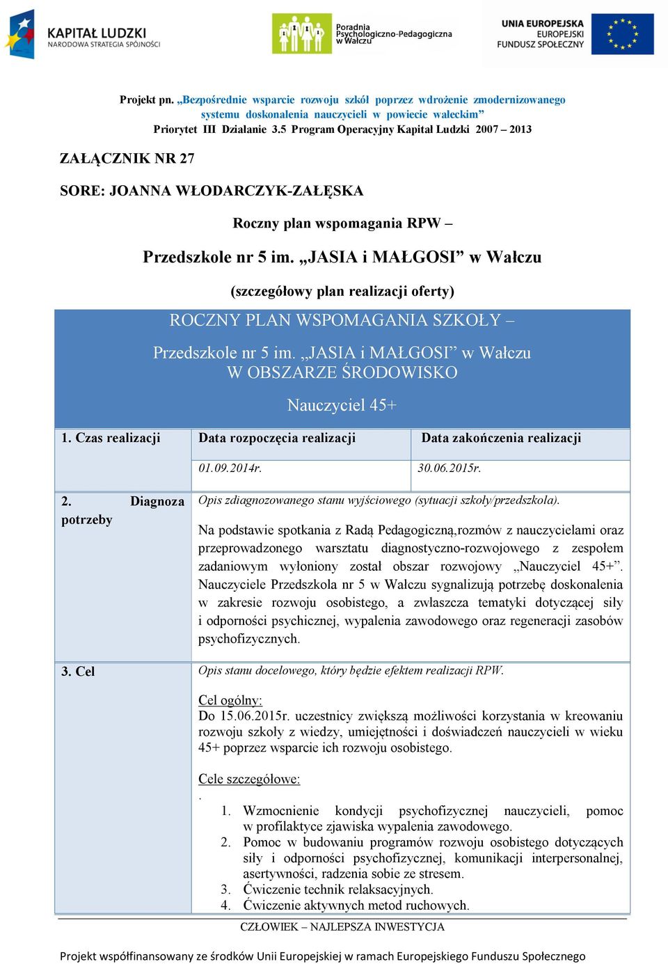 JASIA i MAŁGOSI w Wałczu (szczegółowy plan realizacji oferty) ROCZNY PLAN WSPOMAGANIA SZKOŁY Przedszkole nr 5 im. JASIA i MAŁGOSI w Wałczu W OBSZARZE ŚRODOWISKO Nauczyciel 45+ 1.