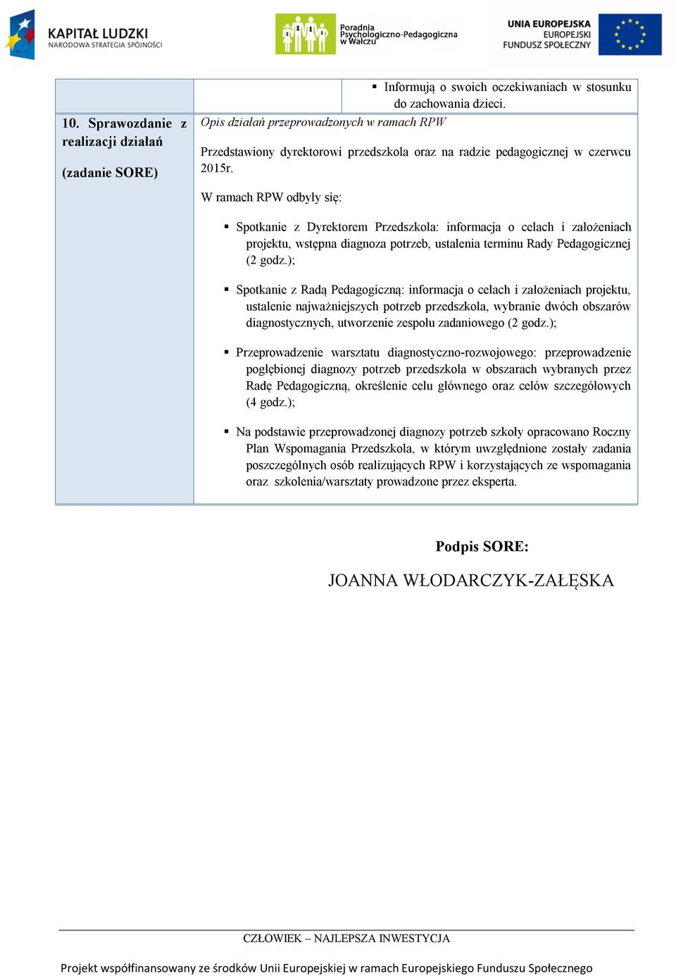 W ramach RPW odbyły się: Spotkanie z Dyrektorem Przedszkola: informacja o celach i założeniach projektu, wstępna diagnoza potrzeb, ustalenia terminu Rady Pedagogicznej (2 godz.