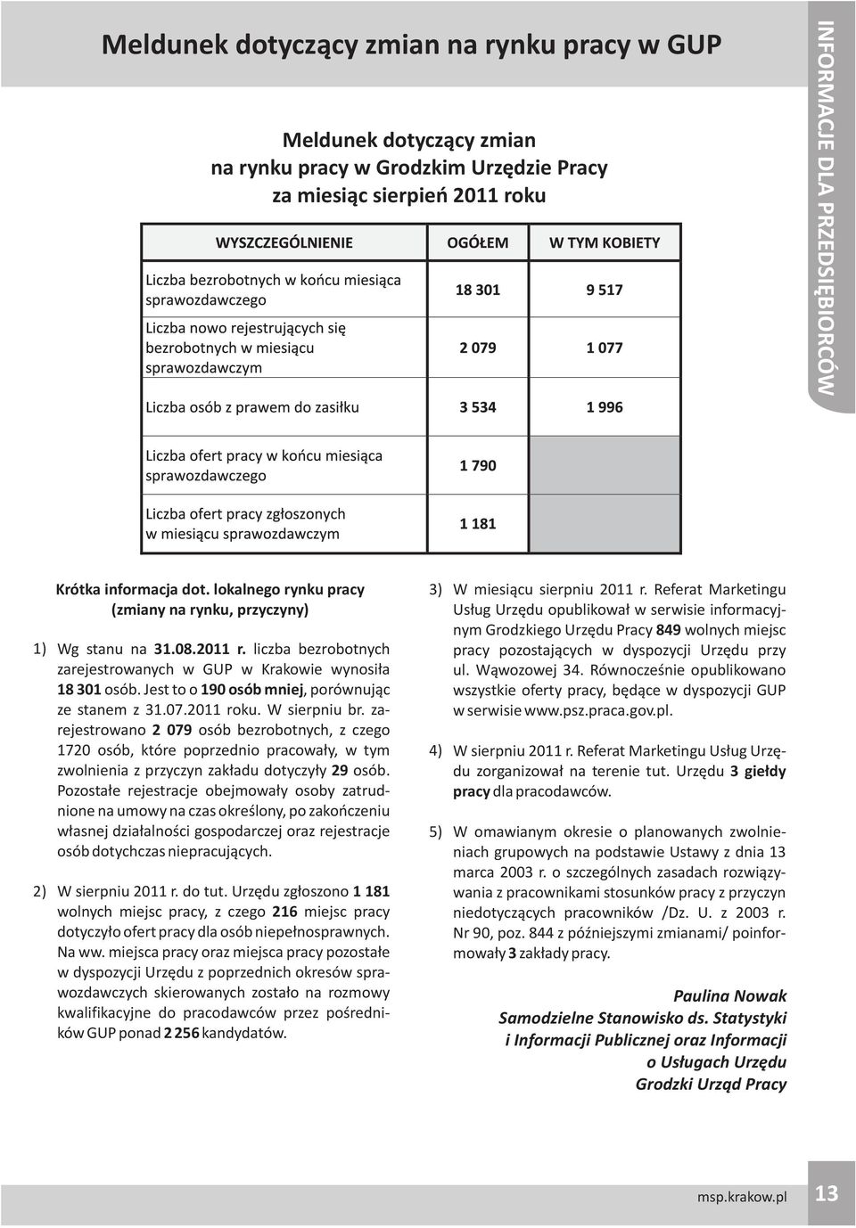 Jest to o 190 osób mniej, porównuj¹c ze stanem z 31.07.2011 roku. W sierpniu br.