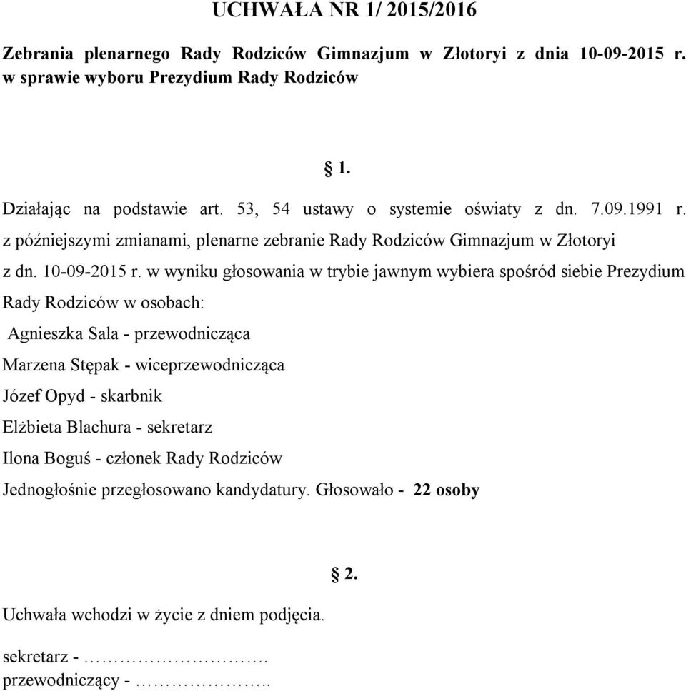 z późniejszymi zmianami, plenarne zebranie Rady Rodziców Gimnazjum w Złotoryi z dn. 10-09-2015 r.