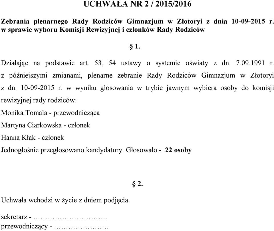 z późniejszymi zmianami, plenarne zebranie Rady Rodziców Gimnazjum w Złotoryi z dn. 10-09-2015 r.