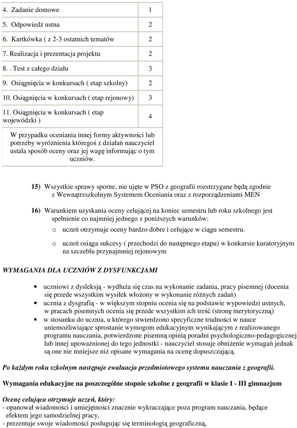 Osiągnięcia w konkursach ( etap wojewódzki ) 4 W przypadku oceniania innej formy aktywności lub potrzeby wyróżnienia któregoś z działań nauczyciel ustala sposób oceny oraz jej wagę informując o tym