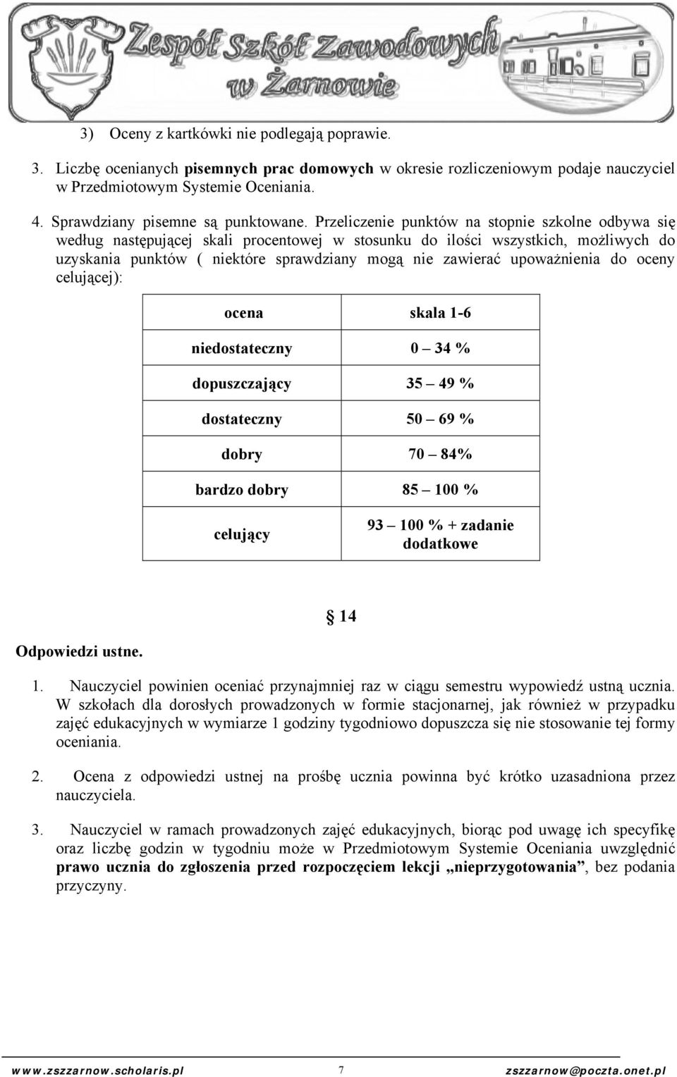 Przeliczenie punktów na stopnie szkolne odbywa się według następującej skali procentowej w stosunku do ilości wszystkich, możliwych do uzyskania punktów ( niektóre sprawdziany mogą nie zawierać