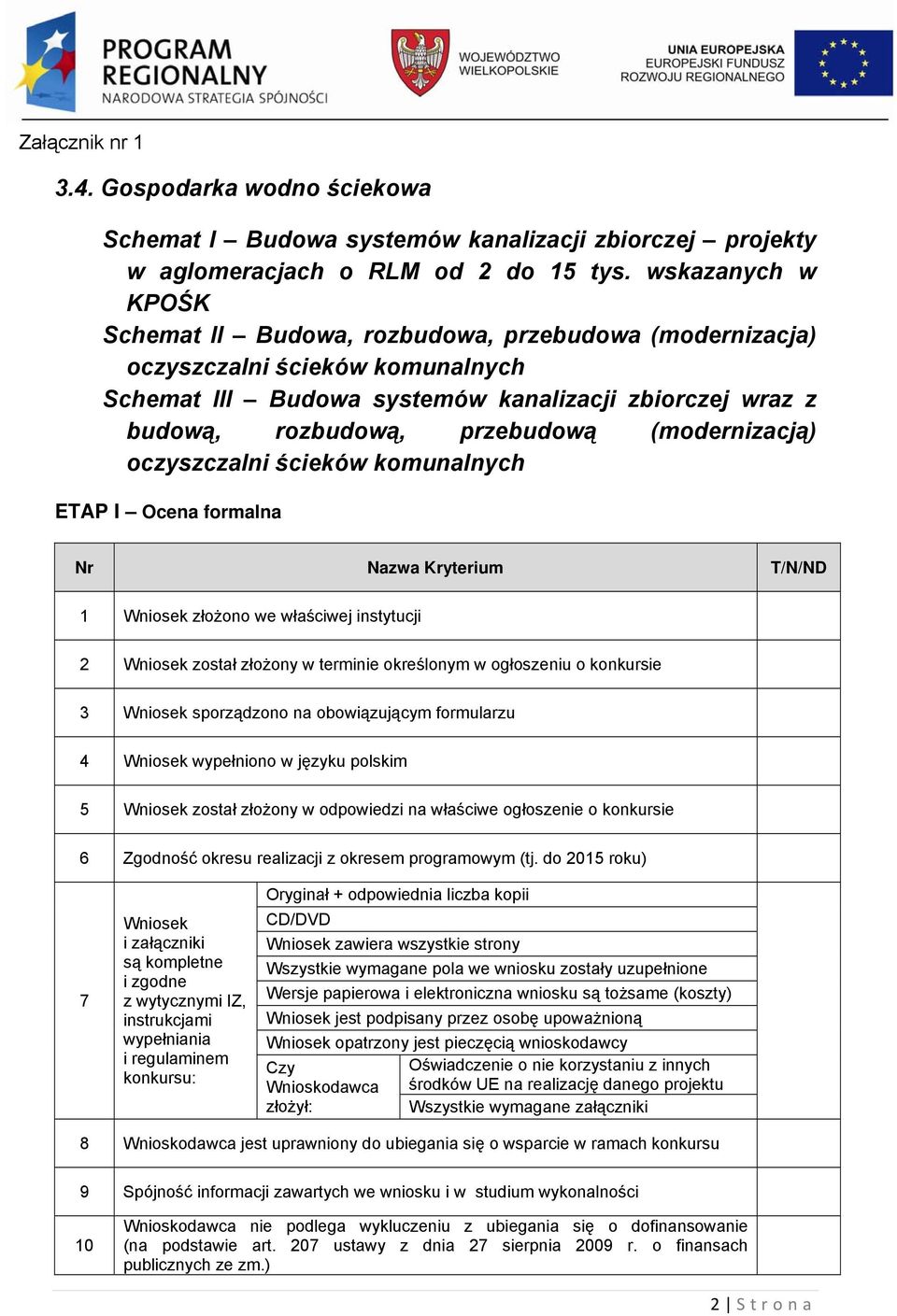 (modernizacją) oczyszczalni ścieków komunalnych ETAP I Ocena formalna Nr Nazwa Kryterium T/N/ND 1 Wniosek złożono we właściwej instytucji 2 Wniosek został złożony w terminie określonym w ogłoszeniu o