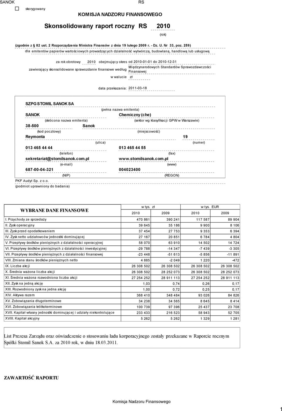 Standardów Sprawozdawczości zawierający skonsolidowane sprawozdanie finansowe według Finansowej w walucie zł data przekazania: 2011-03-18 SZPG STOMIL SANOK SA SANOK (skrócona nazwa emitenta) 38-500