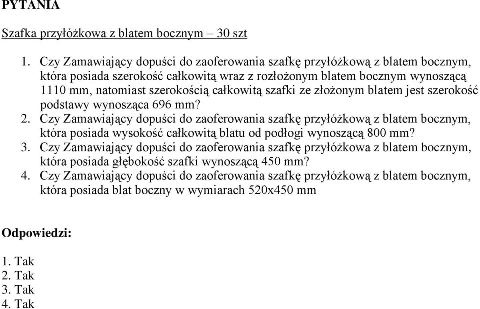 szerokością całkowitą szafki ze złożonym blatem jest szerokość podstawy wynosząca 696 mm? 2.