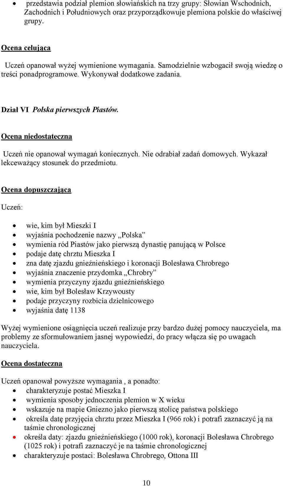 Ocena dopuszczająca wie, kim był Mieszki I wyjaśnia pochodzenie nazwy Polska wymienia ród Piastów jako pierwszą dynastię panującą w Polsce podaje datę chrztu Mieszka I zna datę zjazdu gnieźnieńskiego