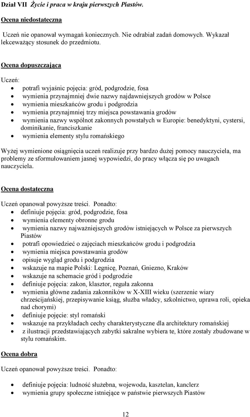 trzy miejsca powstawania grodów wymienia nazwy wspólnot zakonnych powstałych w Europie: benedyktyni, cystersi, dominikanie, franciszkanie wymienia elementy stylu romańskiego Wyżej wymienione