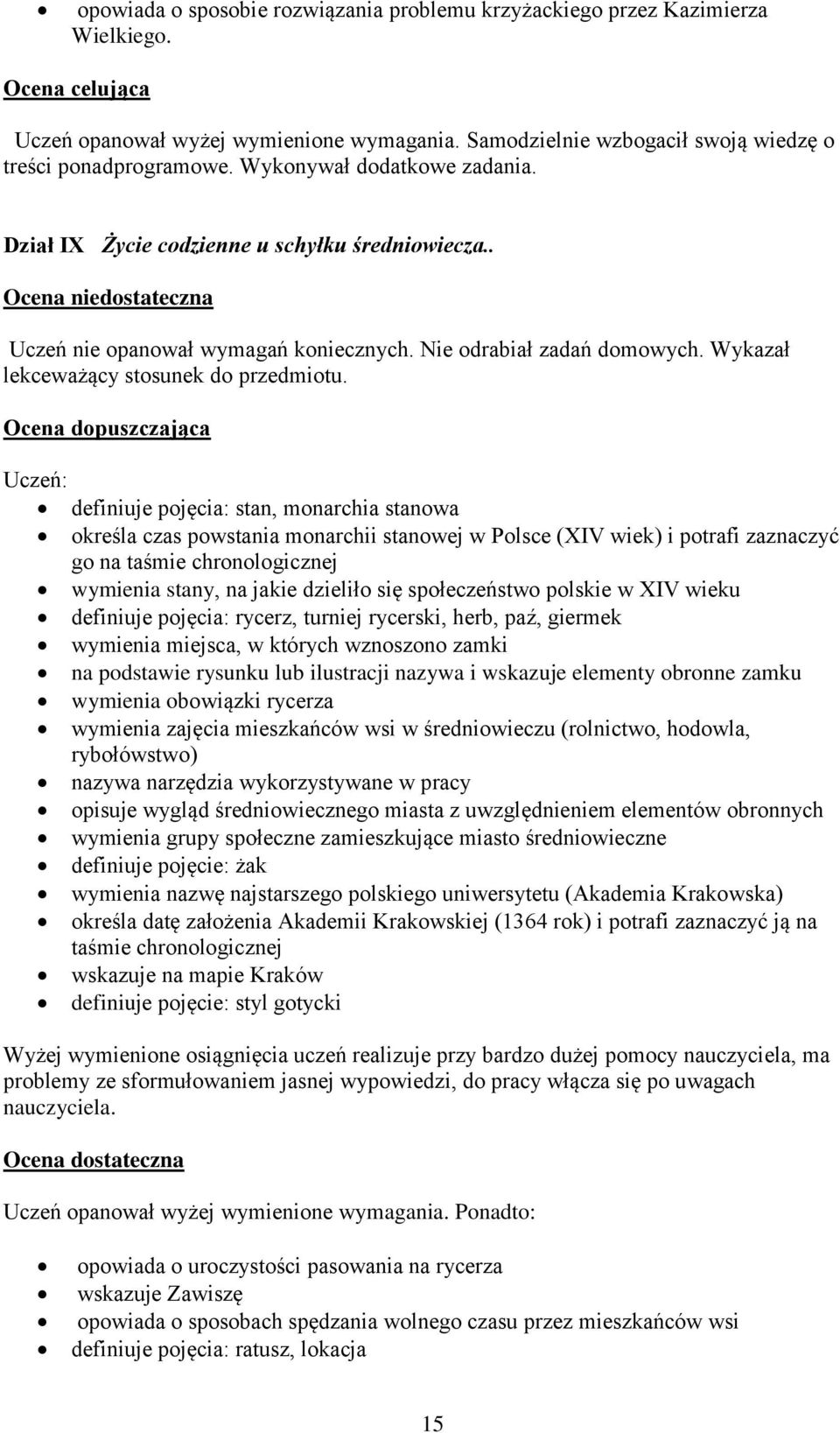 . Ocena dopuszczająca definiuje pojęcia: stan, monarchia stanowa określa czas powstania monarchii stanowej w Polsce (XIV wiek) i potrafi zaznaczyć go na taśmie wymienia stany, na jakie dzieliło się