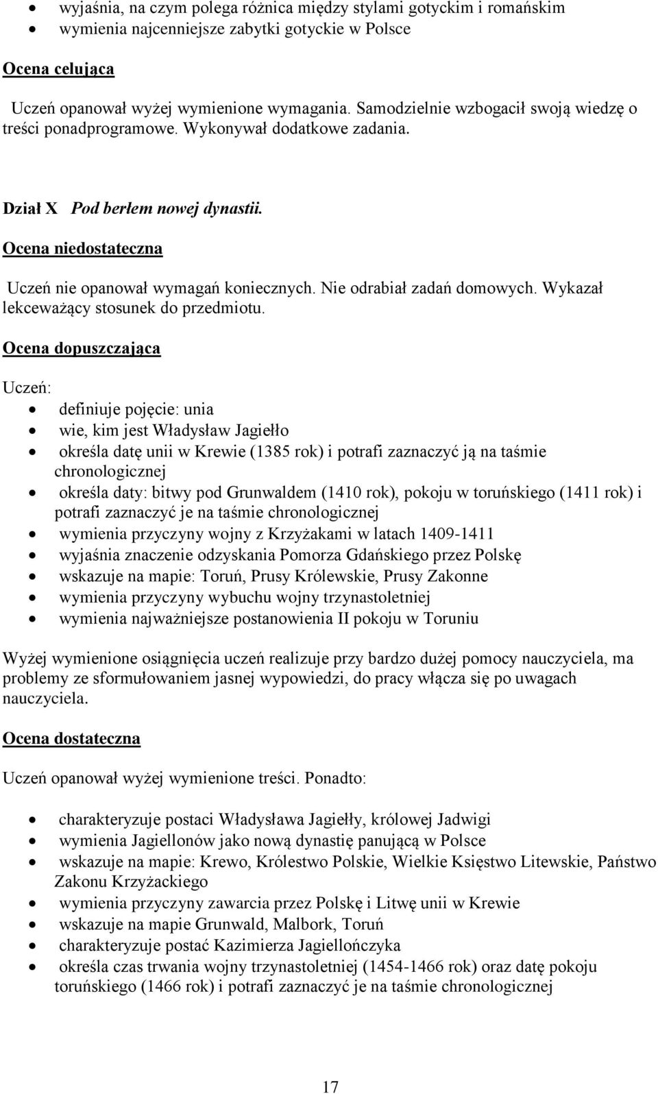 Ocena dopuszczająca definiuje pojęcie: unia wie, kim jest Władysław Jagiełło określa datę unii w Krewie (1385 rok) i potrafi zaznaczyć ją na taśmie określa daty: bitwy pod Grunwaldem (1410 rok),