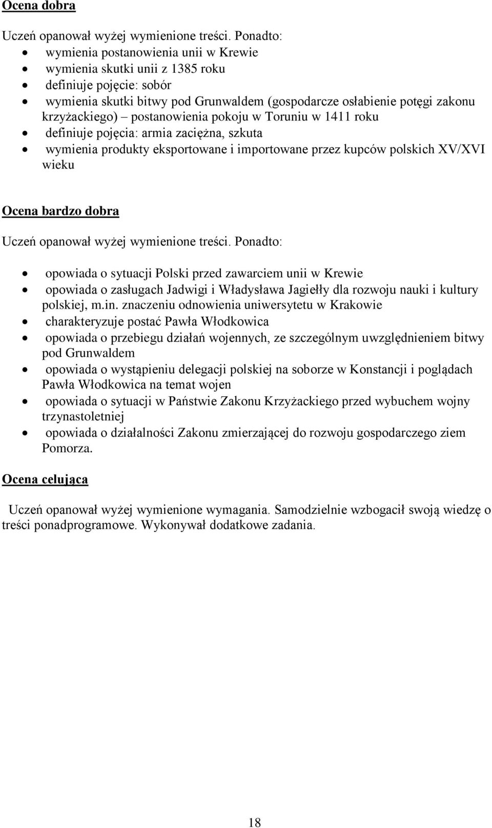 postanowienia pokoju w Toruniu w 1411 roku definiuje pojęcia: armia zaciężna, szkuta wymienia produkty eksportowane i importowane przez kupców polskich XV/XVI wieku Uczeń opanował wyżej wymienione