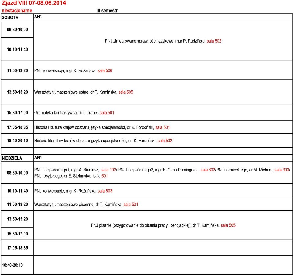 Fordoński, sala 501 Historia literatury krajów obszaru języka specjalaności, dr K. Fordoński, sala 502 PNJ konwersacje, mgr K.