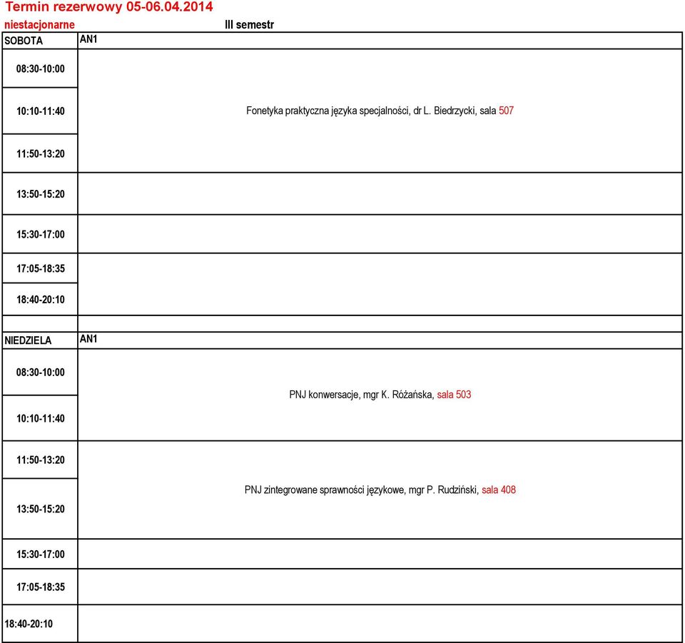 Biedrzycki, sala 507 11:50-13:20 PNJ konwersacje, mgr K.