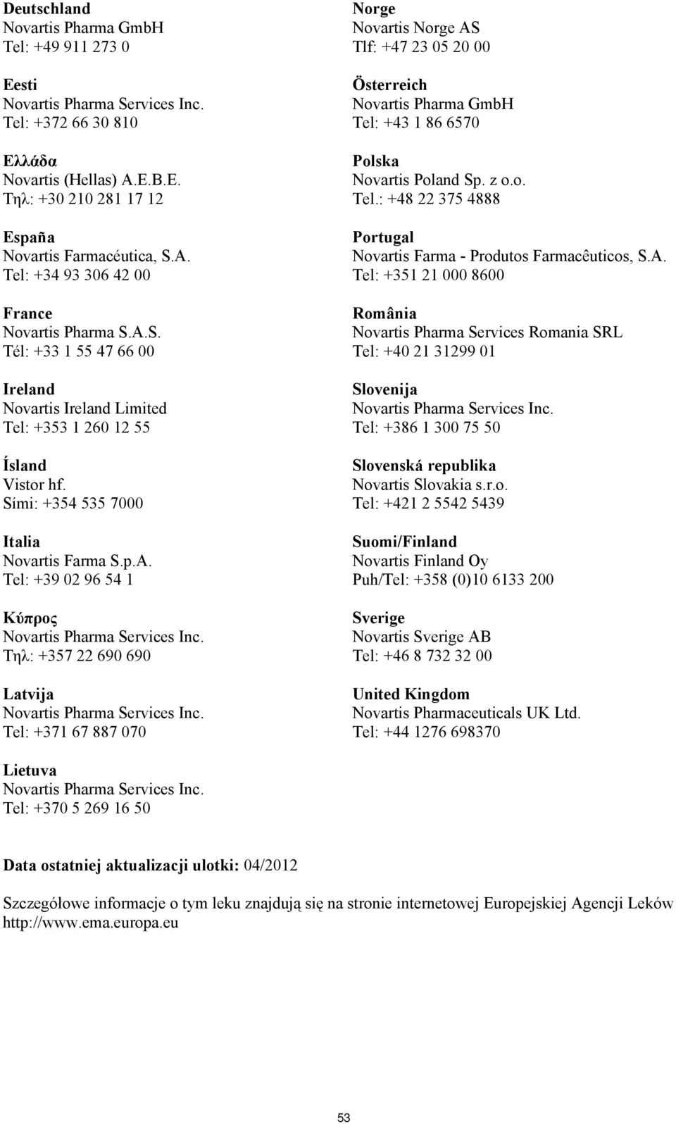 Latvija Tel: +371 67 887 070 Norge Novartis Norge AS Tlf: +47 23 05 20 00 Österreich Novartis Pharma GmbH Tel: +43 1 86 6570 Polska Novartis Poland Sp. z o.o. Tel.: +48 22 375 4888 Portugal Novartis Farma - Produtos Farmacêuticos, S.