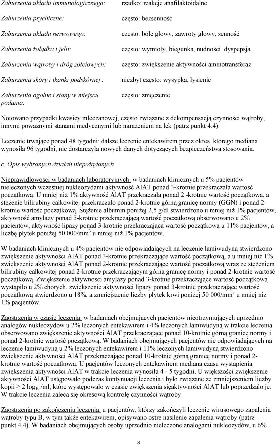 zwiększenie aktywności aminotransferaz niezbyt często: wysypka, łysienie często: zmęczenie Notowano przypadki kwasicy mleczanowej, często związane z dekompensacją czynności wątroby, innymi poważnymi