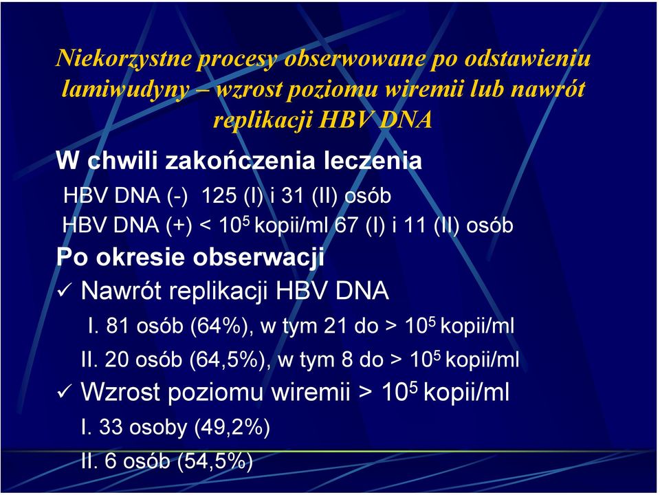 osób Po okresie obserwacji Nawrót replikacji HBV DNA I. 81 osób (64%), w tym 21 do > 10 5 kopii/ml II.