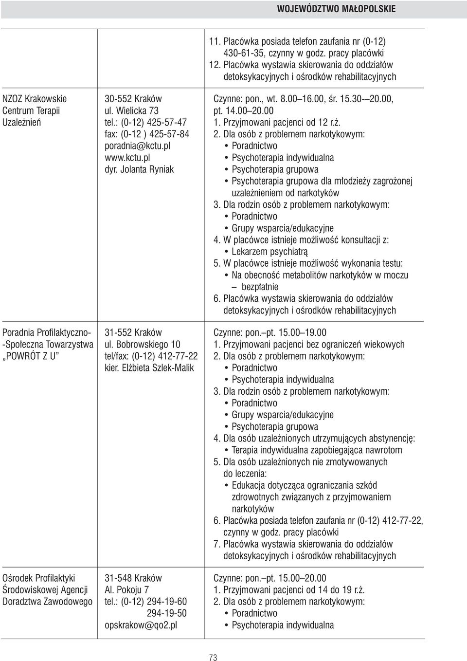 Dla osób z problemem narkotykowym: poradnia@kctu.pl www.kctu.pl dyr. Jolanta Ryniak dla m odzie y zagro onej 4. W placówce istnieje mo liwoêç konsultacji z: 5.