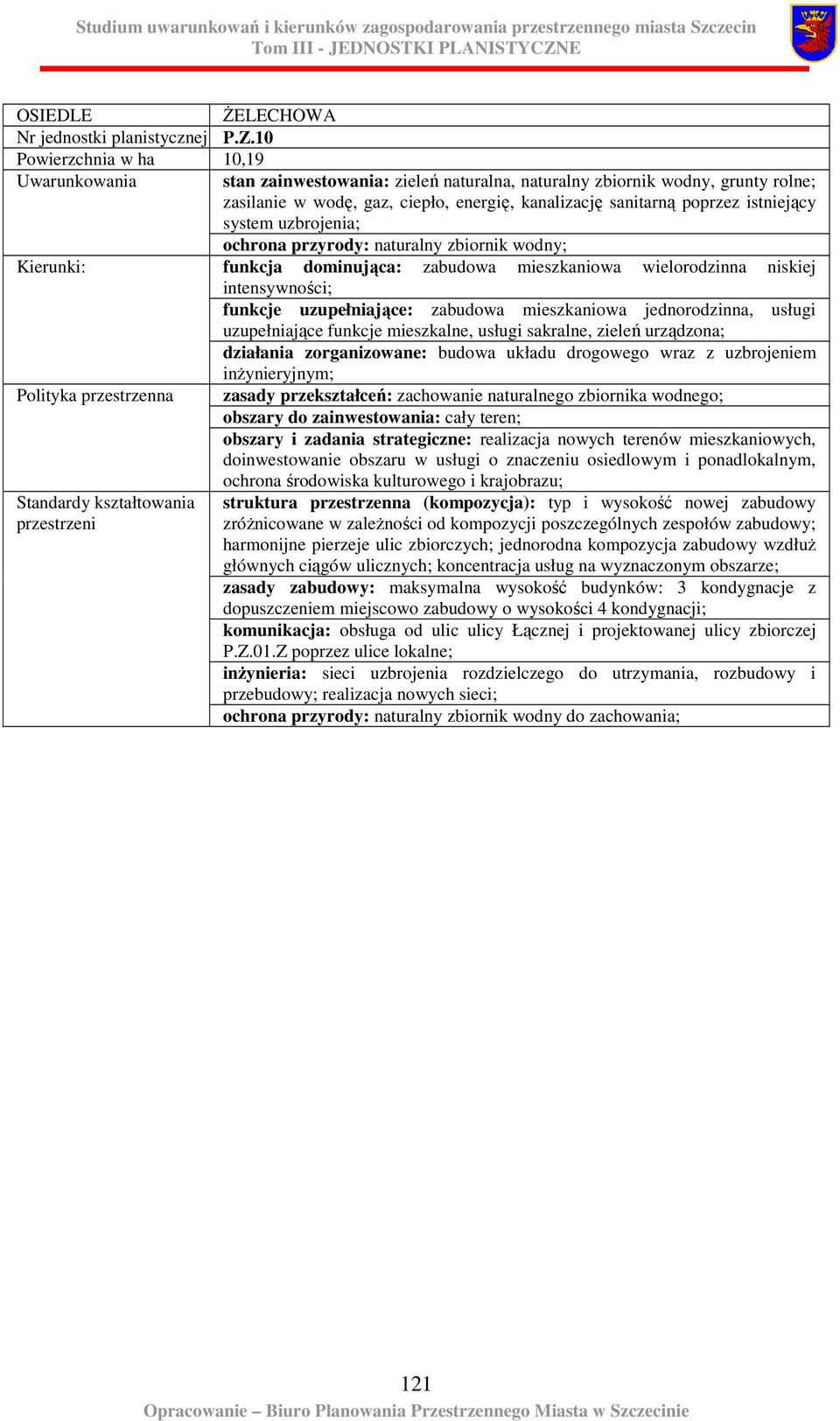 istniejący system uzbrojenia; ochrona przyrody: naturalny zbiornik wodny; funkcja dominująca: zabudowa mieszkaniowa wielorodzinna niskiej intensywności; funkcje uzupełniające: zabudowa mieszkaniowa