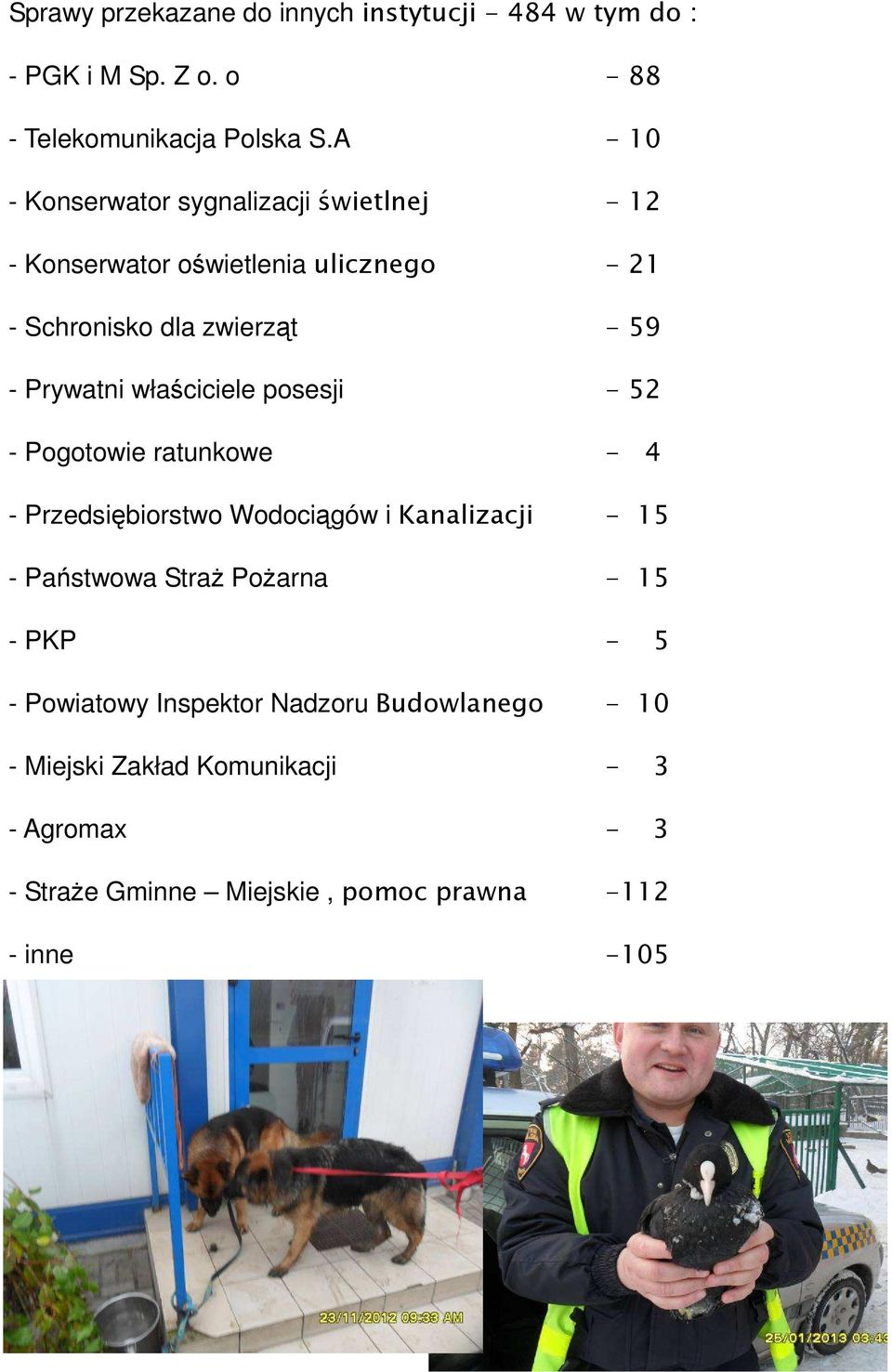 właściciele posesji - 52 - Pogotowie ratunkowe - 4 - Przedsiębiorstwo Wodociągów i Kanalizacji - 15 - Państwowa StraŜ PoŜarna - 15 -