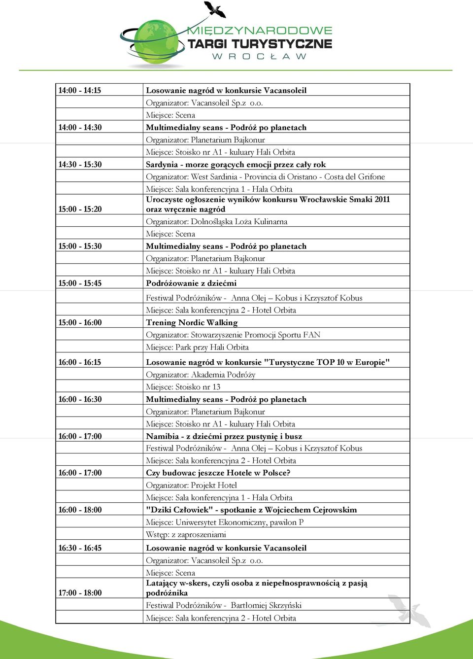 15:00-15:45 Podróżowanie z dziećmi Festiwal Podróżników - Anna Olej Kobus i Krzysztof Kobus 15:00-16:00 Trening Nordic Walking Miejsce: Park przy Hali Orbita 16:00-16:15 Losowanie nagród w konkursie