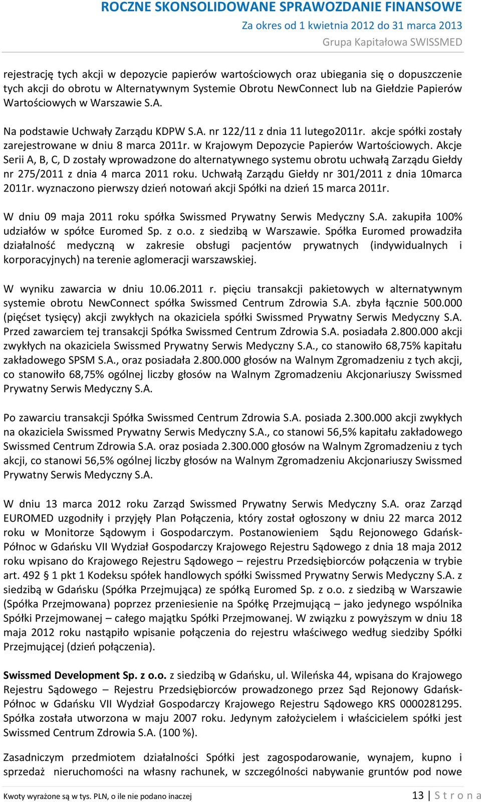 Akcje Serii A, B, C, D zostały wprowadzone do alternatywnego systemu obrotu uchwałą Zarządu Giełdy nr 275/2011 z dnia 4 marca 2011 roku. Uchwałą Zarządu Giełdy nr 301/2011 z dnia 10marca 2011r.