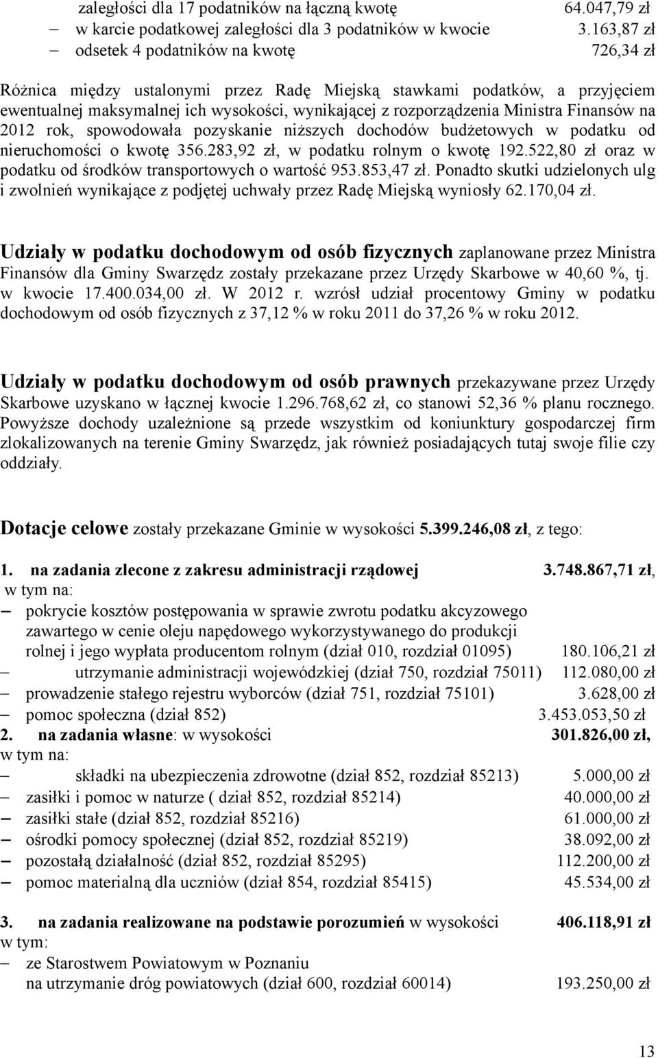 Ministra Finansów na 2012 rok, spowodowała pozyskanie niższych dochodów budżetowych w podatku od nieruchomości o kwotę 356.283,92 zł, w podatku rolnym o kwotę 192.