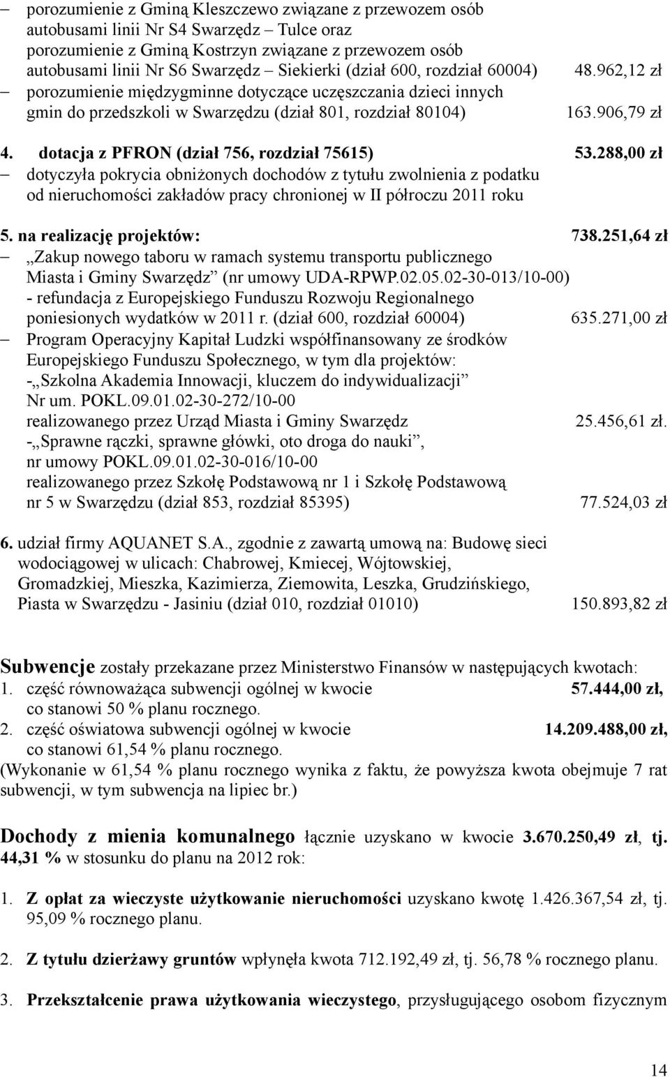 dotacja z PFRON (dział 756, rozdział 75615) 53.288,00 zł dotyczyła pokrycia obniżonych dochodów z tytułu zwolnienia z podatku od nieruchomości zakładów pracy chronionej w II półroczu 2011 roku 5.