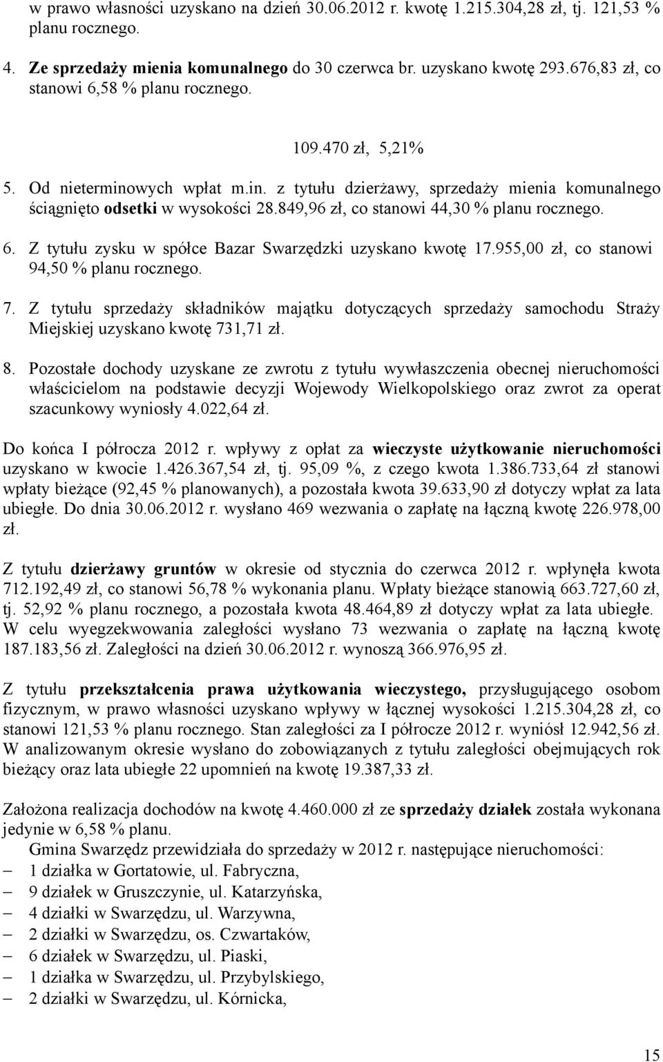 849,96 zł, co stanowi 44,30 % planu rocznego. 6. Z tytułu zysku w spółce Bazar Swarzędzki uzyskano kwotę 17.955,00 zł, co stanowi 94,50 % planu rocznego. 7.