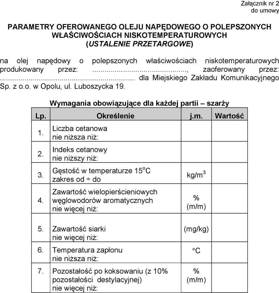 Wymagania obowiązujące dla kaŝdej partii szarŝy Lp. Określenie j.m. Wartość 1. 2. 3. 4.