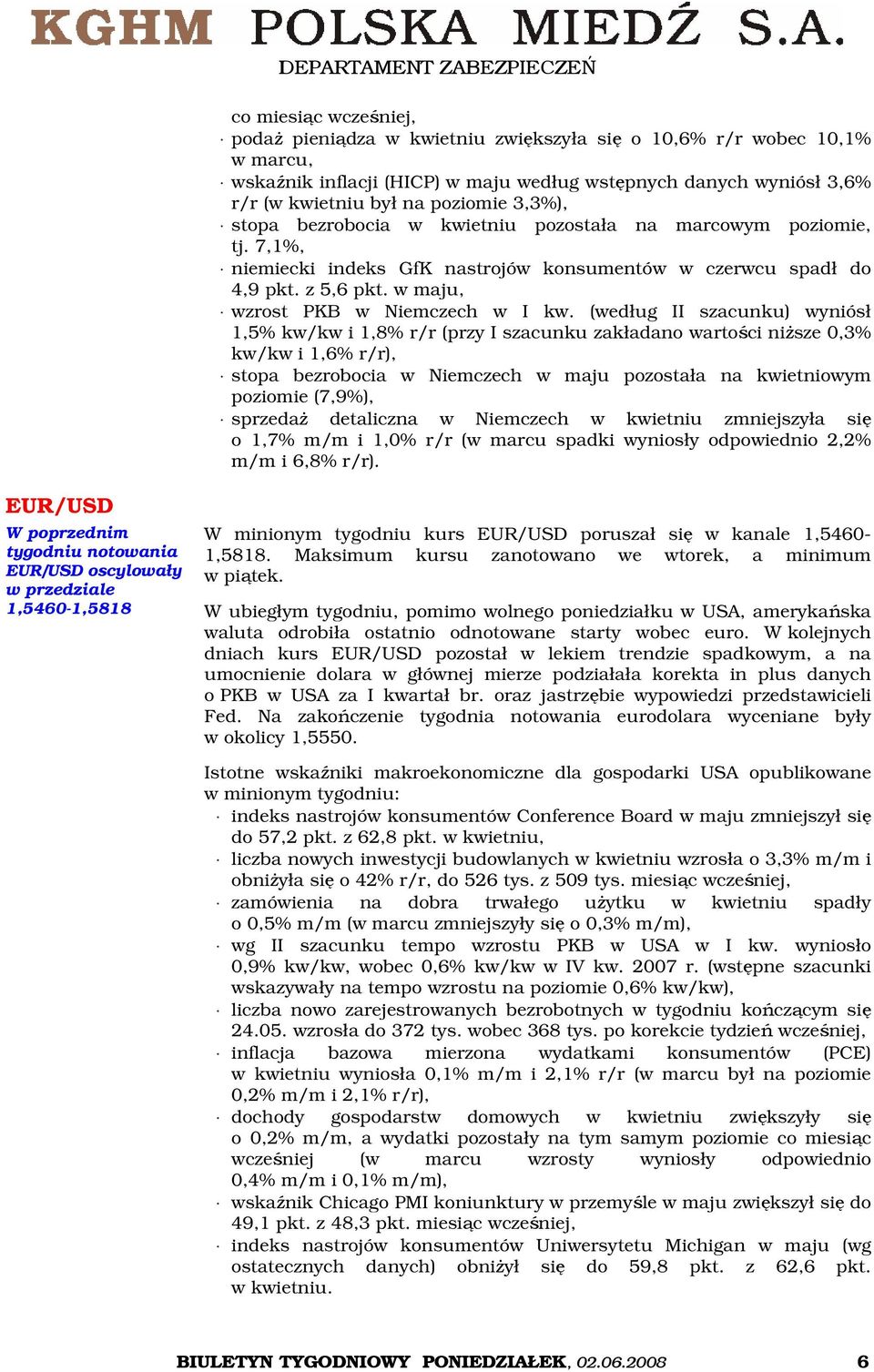 (według II szacunku) wyniósł 1,5% kw/kw i 1,8% r/r (przy I szacunku zakładano wartości niższe 0,3% kw/kw i 1,6% r/r), stopa bezrobocia w Niemczech w maju pozostała na kwietniowym poziomie (7,9%),